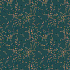 Lily pattern, Modern floral pattern, Elegant golden lilies on a dark green background, drawn in a thin line. Vector seamless flowers pattern