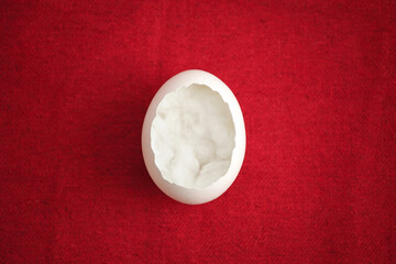 Сhicken egg shell on red background