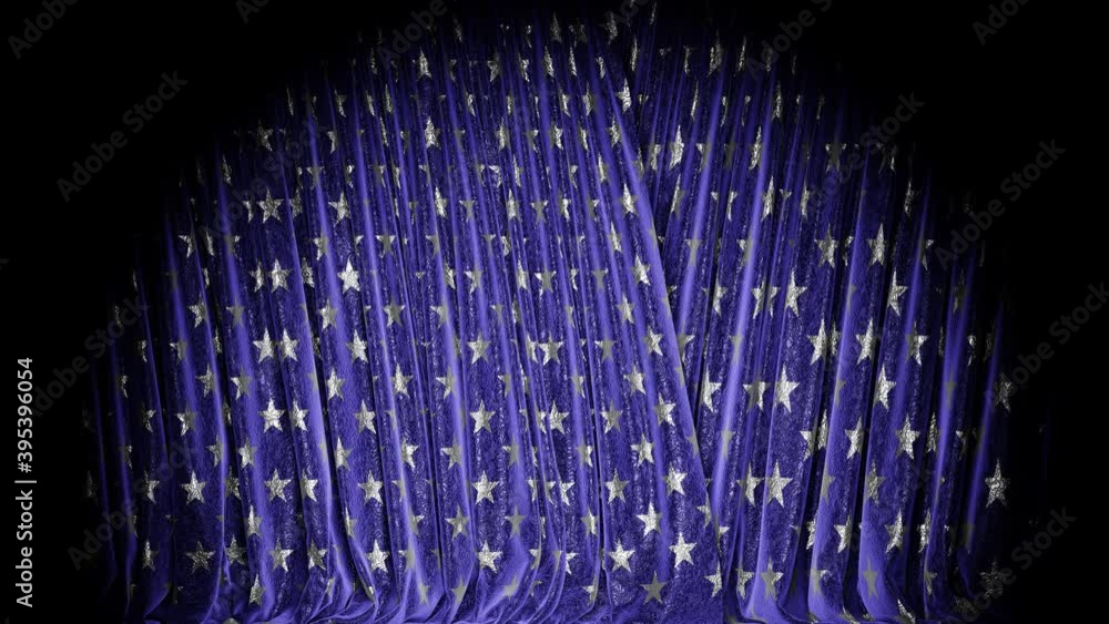 Poster realistic 3d animation of the textured fancy stars pattern stage curtains rendered in uhd, alpha mat