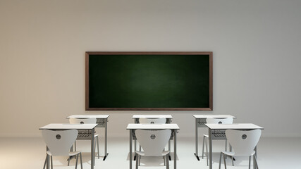 empty modern classroom concept with white school furniture background 3D rendering
