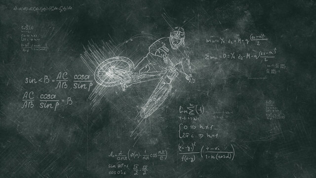 Background of the chalkboard. A sports bike is drawn on a blackboard in chalk. Drawings and formulas.