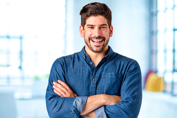 Portrait shot of casual clothes man standing indoor while looking at camera and smiling