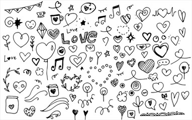 Set of hand-drawn Doodle vector love elements for wedding, Valentine's day greeting cards, stickers, stamp design. Vector illustration with heart, love, speech bubble, arrow, text caption. Hand-drawn 