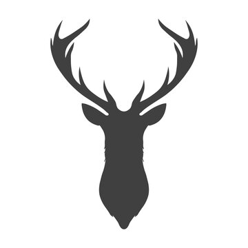 Dark grey silhouette of a deer head and antlers icon. Template logo design.