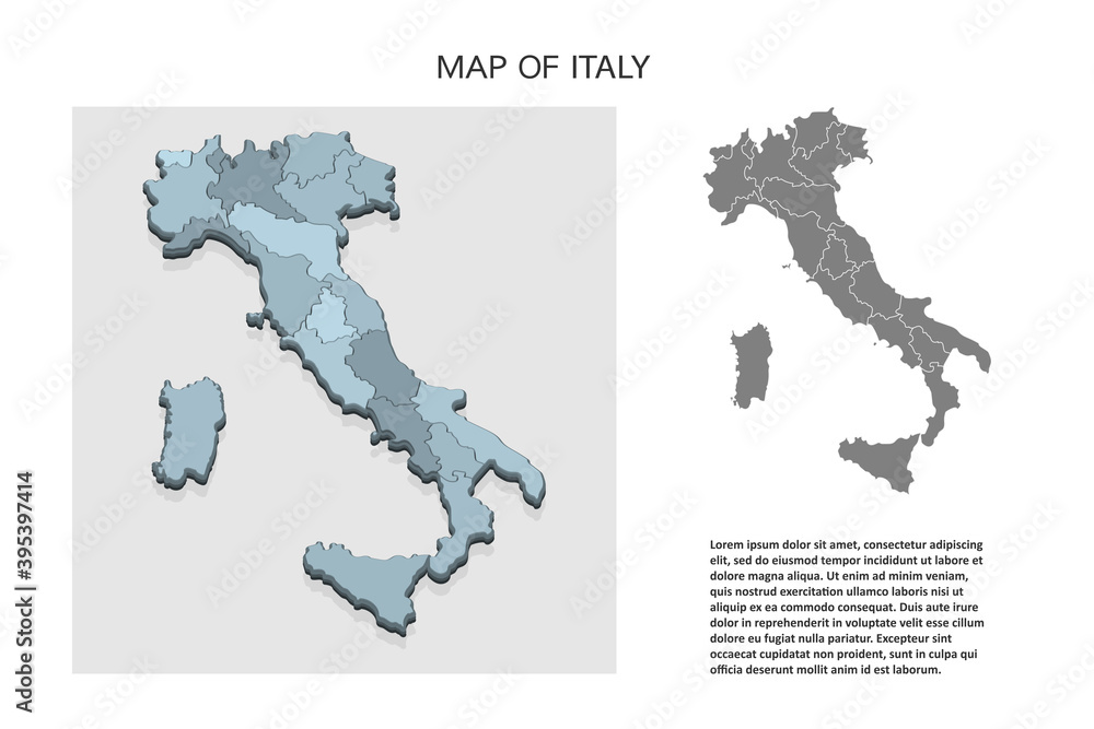 Wall mural Isometric 3D map of Italy. Political country map in perspective with administrative divisions and pointer marks. Detailed map of Italy with regions. Infographic elements for Website, app, UI,Travel