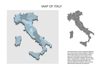 Isometric 3D map of Italy. Political country map in perspective with administrative divisions and pointer marks. Detailed map of Italy with regions. Infographic elements for Website, app, UI,Travel