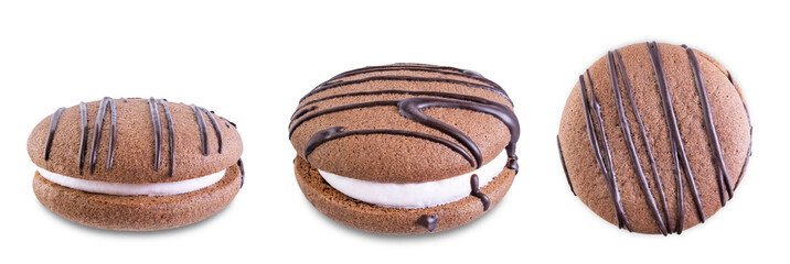 Soft chocolate cookies with marshmallow filling on a white isolated background