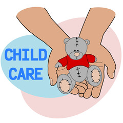 logo for the organization of child care, the hands of a person holding a small toy bear on their open palms vector on white background isolated.
