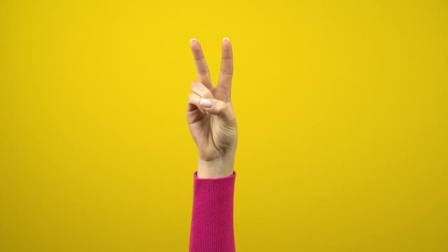 The female hand shows the sign of peace or victory. Studio photography on an isolated yellow background.
