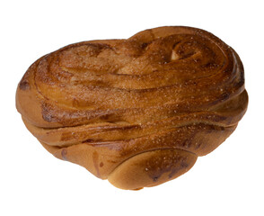 Appetizing baked bun on a white plate isolated