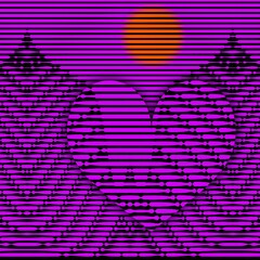 stylized mountain peak and bright orange red sun repeating intricate geometric patterns and heart shape design as halftone in purple on a black background