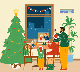 Obraz na płótnie Canvas Christmas Online Family Party. Parents And Child Near Table Celebrating With Grandparents Using Videoconference Call In Laptop And Tablet. Vector Illusration.