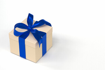 cream gift box 3d with blue ribbon and bow on white background