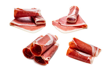 Thinly sliced jamon isolated on white background.