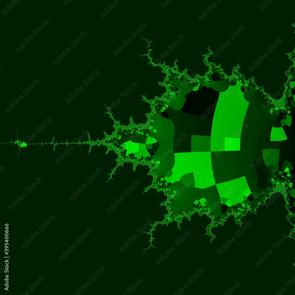 Poster mandelbrot type fractal in shades of neon green geometric asymmetric patterns on black background