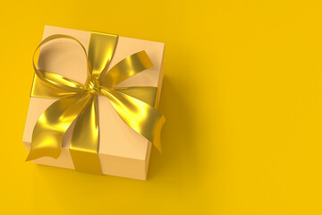Obraz na płótnie Canvas Brown gift box 3d with gold ribbon and bow on yellow background