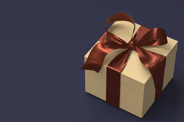 yellow gift box 3d with Crimson ribbon and bow on navy blue background
