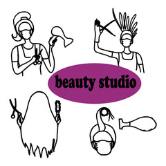 sphere of beauty, beauty studio vector graphics illustrator, hairdresser with scissors and a comb for styling, master hairdresser with a hairdryer for styling hair, flyer for a beauty salon, an Instag