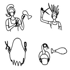 sphere of beauty, beauty studio vector graphics illustrator, hairdresser with scissors and a comb for styling, master hairdresser with a hairdryer for styling hair, flyer for a beauty salon, an Instag