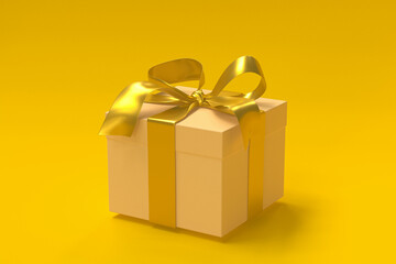 Brown gift box 3d with gold ribbon and bow on yellow background