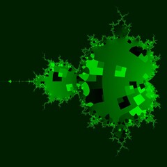 Mandelbrot type fractal in shades of neon green geometric asymmetric patterns on black background 