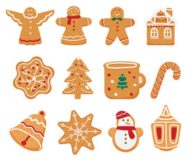 Vector Set Of Christmas Gingerbread Cookies In Different Shapes. Angel, House, Tree, Snowflake, Cup, Bell, Snowman, Lantern, Cane, Gingerbread Man. Isolated On White.