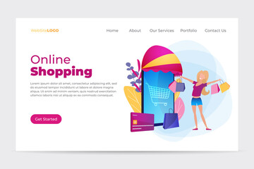 Landing page template with girl and shopping in front of smartphone. Online shopping. Sales promotion concept, loyalty program to attract customers.