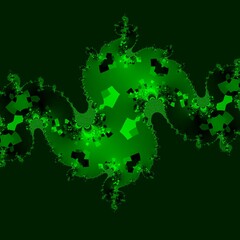 Julia style fractal designs in shades of neon green geometric asymmetric patterns on black background 