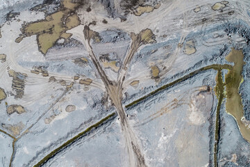 Working quarry environment seen from a drone. Amazing colorful patterns created by heavy machinery in the mine. An active quarry at aerial photo from a drone. Aggregate piles and steep quarry walls