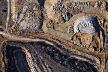 Working quarry environment seen from a drone. Amazing colorful patterns created by heavy machinery...
