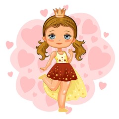 Fototapeta premium A cute little girl dressed as a princess. Cheerful funny child in a good mood. The isolated object on a white background. Young baby. Cartoon flat style. Vector