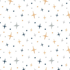 Hand drawn seamless Christmas pattern. Winter holiday pattern for greeting cards, print, fabric, wrapping paper. New Year texture wallpaper with sparkling stars and confetti.