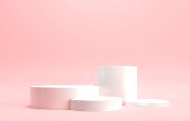 Round platform - 3d render illustration. Valentine's day, birthday, anniversary - gifts and cosmetics mockup. Sweet podium, exhibition pedestal for sale of goods. Delicate romantic pink background.