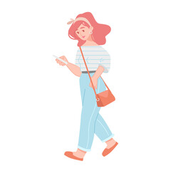 Fototapeta premium Flat cartoon young woman holding a smartphone, texting, reading or writing messages on the go. Vector illustration of a modern girl with mobile phone in casual outfit isolated on white background.