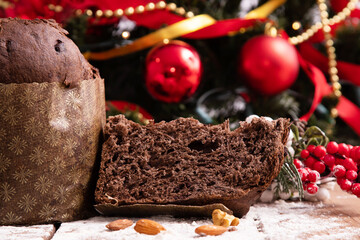 chocolate panettone with christmas decorations