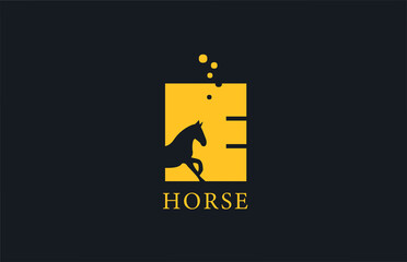 E yellow horse alphabet letter logo icon with stallion shape inside. Creative design for company and business