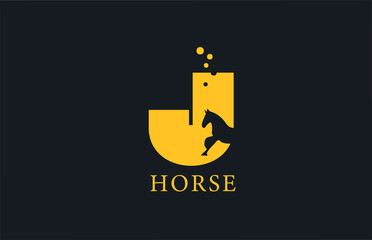 J yellow horse alphabet letter logo icon with stallion shape inside. Creative design for company and business