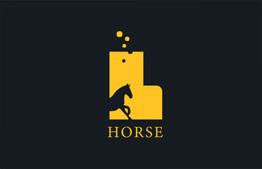 L yellow horse alphabet letter logo icon with stallion shape inside. Creative design for company and business
