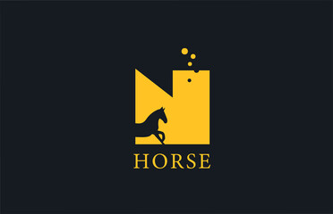 N yellow horse alphabet letter logo icon with stallion shape inside. Creative design for company and business