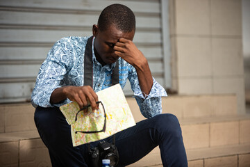 portrait of a young thoughtful tourist.