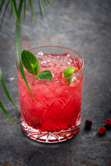 Red cocktail with cold vodka or rum cranberry juice, lime and mint on a gray stone