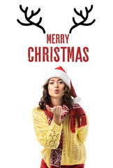  woman in santa hat and scarf sending air kiss near merry christmas lettering and deer horns illustration on white