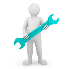 Abstract cartoon character with mint color wrench in hands. Repairs concept. 3D rendering.