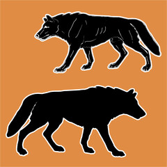 drawn wolf, two isolated silhouette, black on a  orange background, for decoration and stickers. 