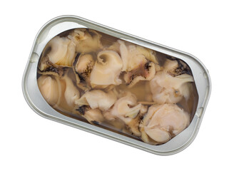Small cooked conch snails in an open tin on a white background. © Bert Folsom