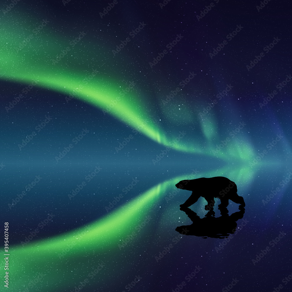 Sticker polar bear at night. animal silhouette. northern lights in starry sky
