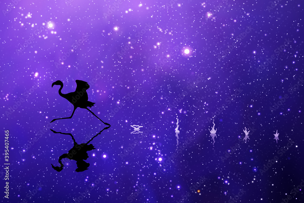 Sticker flamingo running in stars. bird silhouette at night. blue starry sky