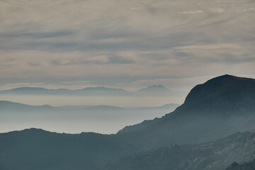 Panoramic views of the Sierra de Guadarrama National Park from the Cuerda Larga path. Madrid's community. Spain