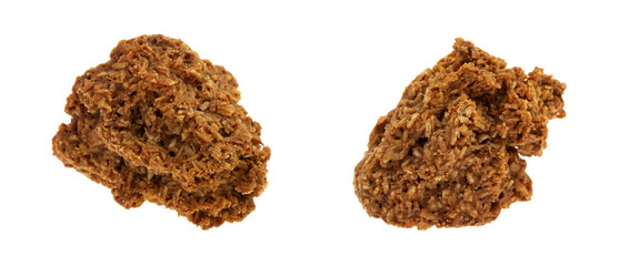 Side view of two gluten free chocolate macaroons isolated on a white background.