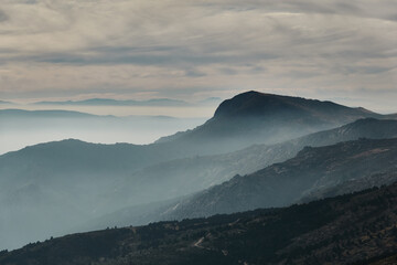 Panoramic views of the Sierra de Guadarrama National Park from the Cuerda Larga path. Madrid's community. Spain